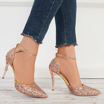 Shiny Sequins Stilettos High Heel Ankle Strap Dress Pumps