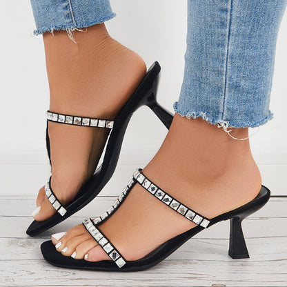 Rhinestone T-Strap Mule Heels Kitten Heel Slide Sandals