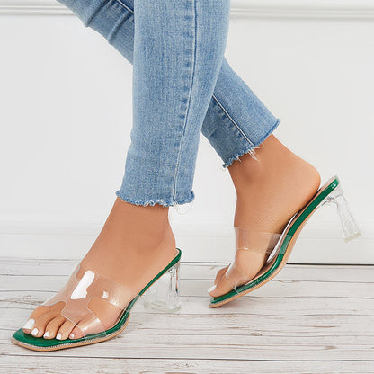 Clear Chunky High Heels Square Toe Slide Mule Sandals