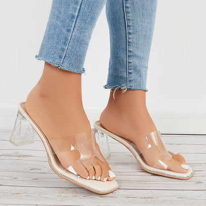 Clear Chunky High Heels Square Toe Slide Mule Sandals