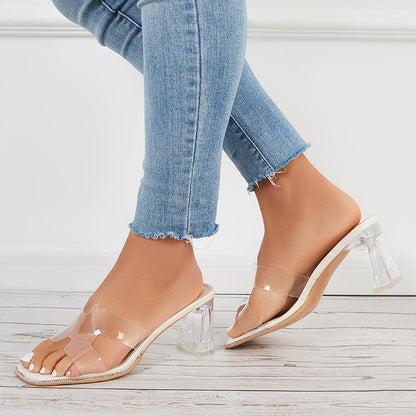 Clear Chunky High Heels Square Toe Slide Mule Sandals