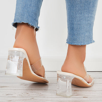 Clear Chunky High Heels Square Toe Slide Mule Sandals