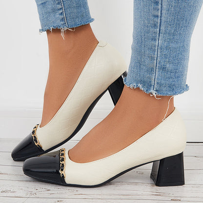 Women Chunky Heel Pumps Square Cap Toe Dress Shoes