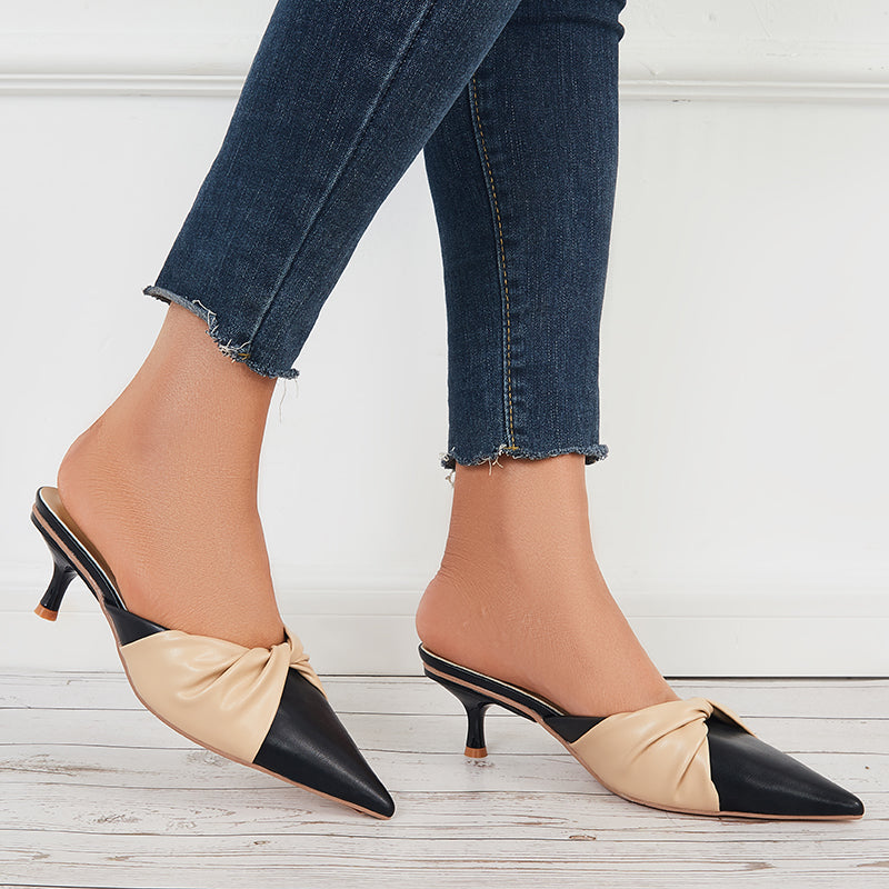 Pointed Toe Mule Heels Low Kitten Heel Slide Sandals