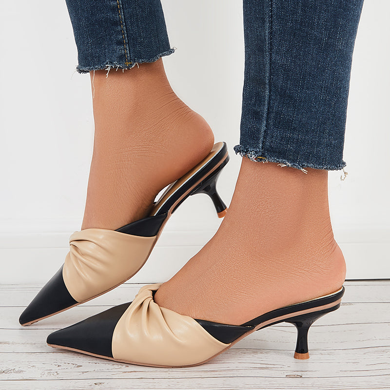 Pointed Toe Mule Heels Low Kitten Heel Slide Sandals