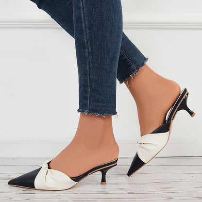 Pointed Toe Mule Heels Low Kitten Heel Slide Sandals