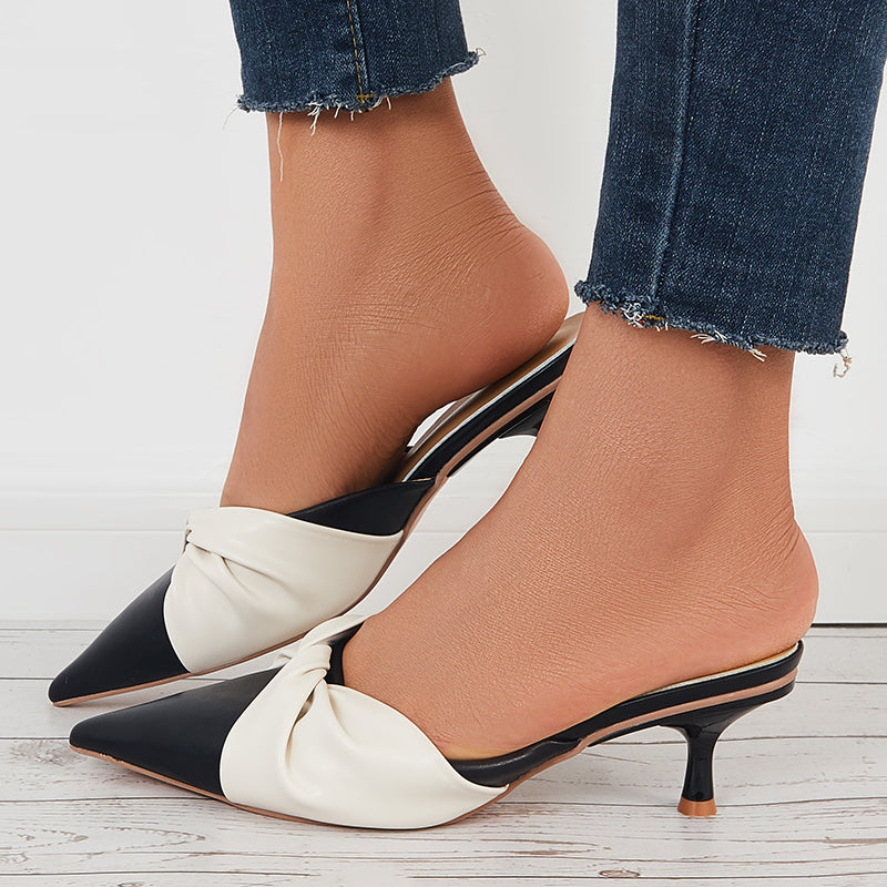 Pointed Toe Mule Heels Low Kitten Heel Slide Sandals