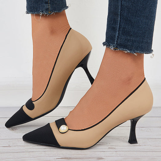 Women Kitten Heel Pumps Pointed Cap Toe Slip on Dress Shoes