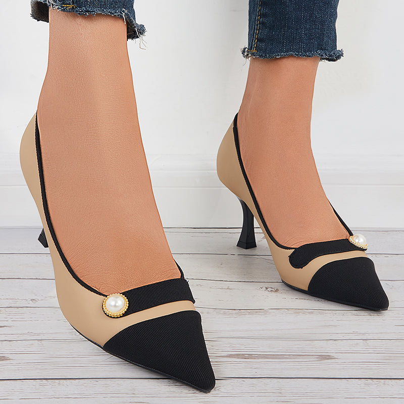 Women Kitten Heel Pumps Pointed Cap Toe Slip on Dress Shoes