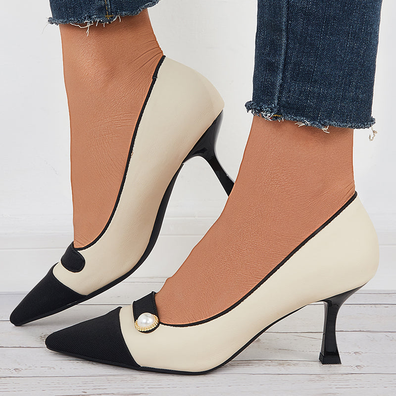 Women Kitten Heel Pumps Pointed Cap Toe Slip on Dress Shoes