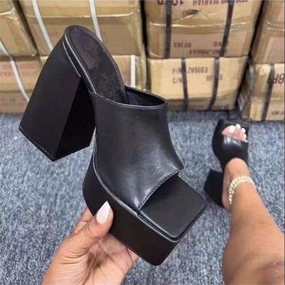 Women Chunky Platform Sandals Slip On Square Toe Summer Casual Slippers