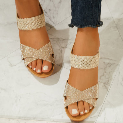 Crisscross Low Wedge Heels Open Toe Ankle Strap Sandals