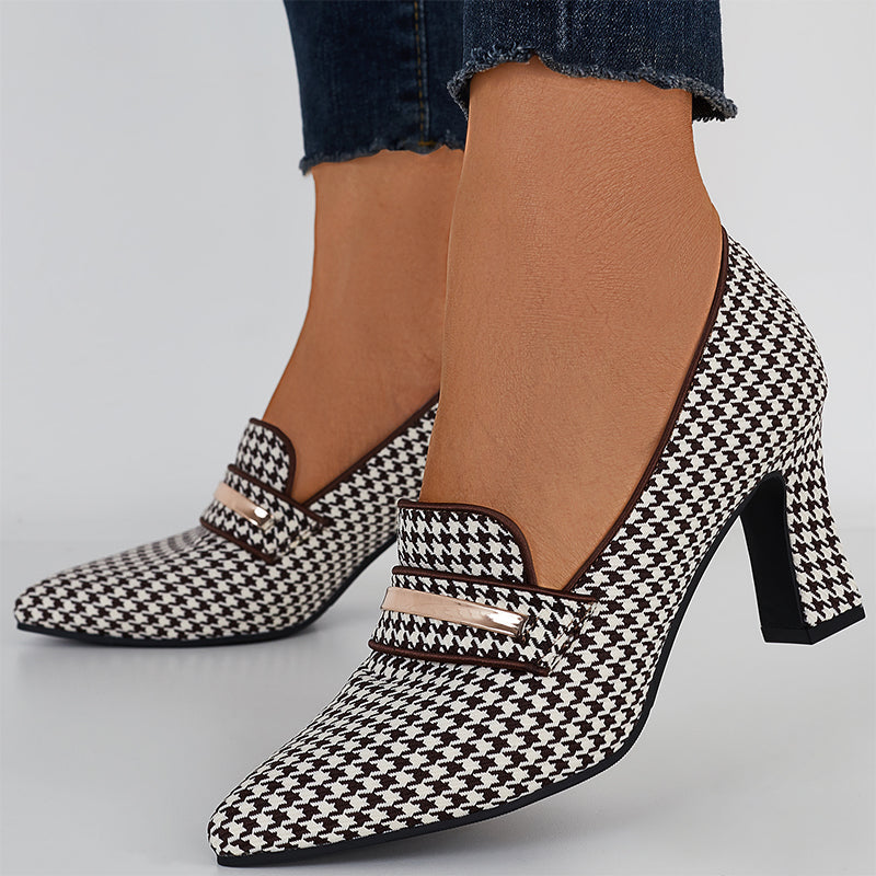 Plaid Thick Heel Mary Jane Pumps Pointed Toe Ankle Strap Heels