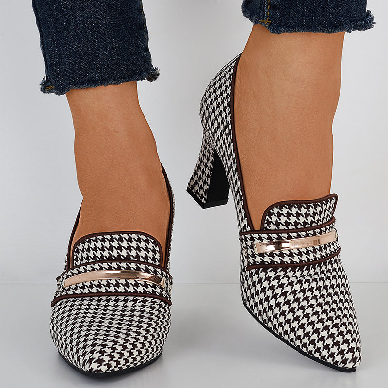 Plaid Thick Heel Mary Jane Pumps Pointed Toe Ankle Strap Heels