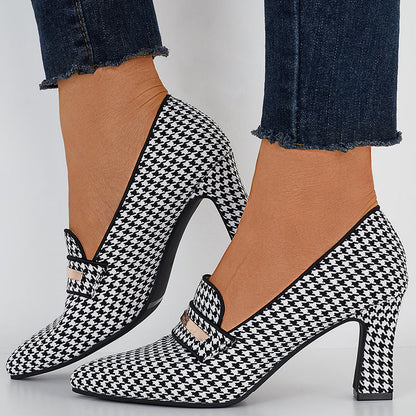 Plaid Thick Heel Mary Jane Pumps Pointed Toe Ankle Strap Heels