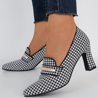 Plaid Thick Heel Mary Jane Pumps Pointed Toe Ankle Strap Heels