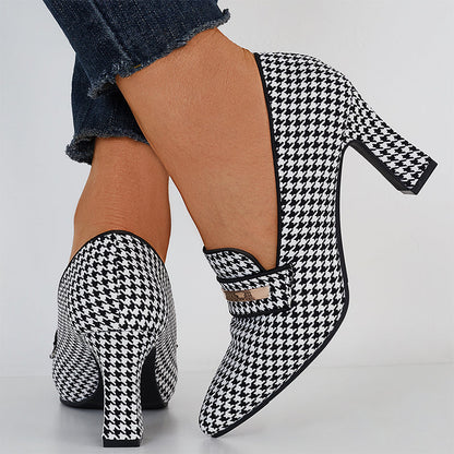 Plaid Thick Heel Mary Jane Pumps Pointed Toe Ankle Strap Heels