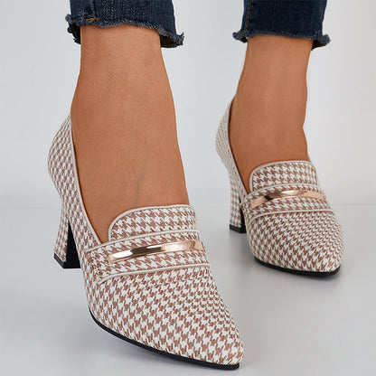 Plaid Thick Heel Mary Jane Pumps Pointed Toe Ankle Strap Heels