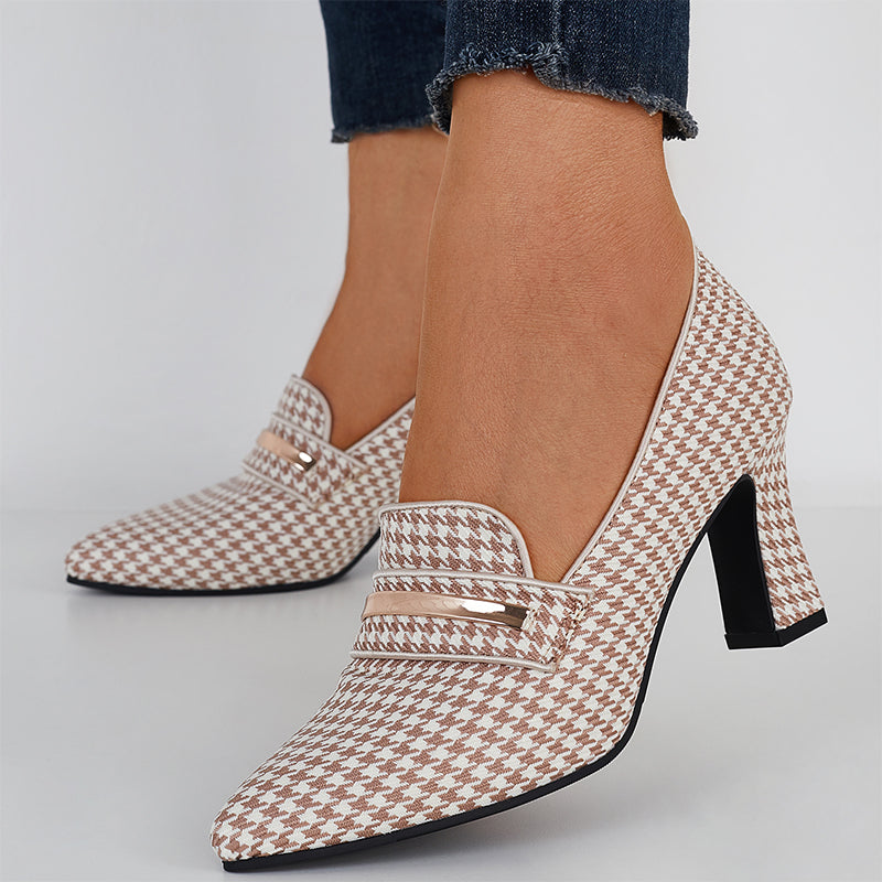 Plaid Thick Heel Mary Jane Pumps Pointed Toe Ankle Strap Heels