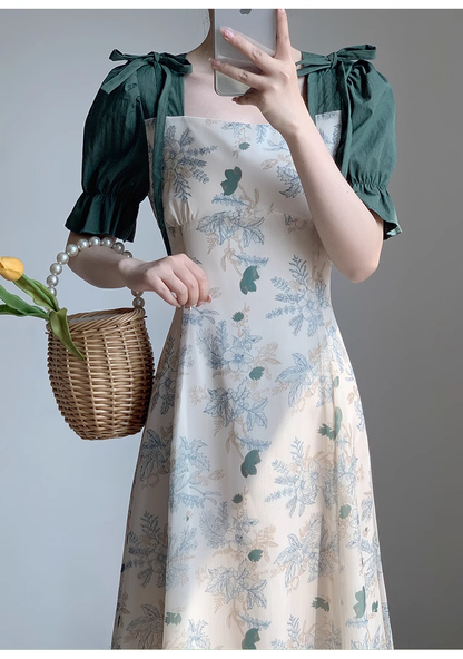 Retro Square Neck Dress for Women Summer French Style Patchwork Floral Long Dress HOT1539