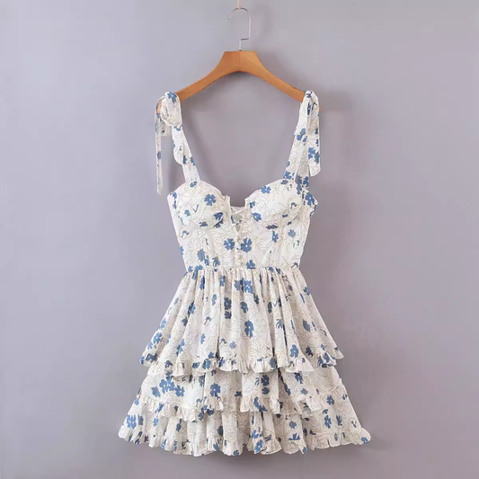 French Floral Print Sexy High Waist Suspender Dress HOT1405