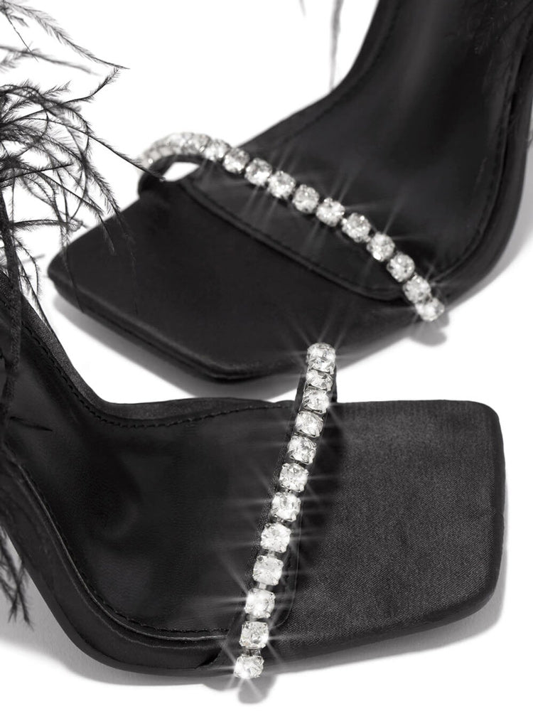 Rhinestone Feather Lace-up Square Toe Sandals