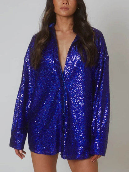 Sequin Long Sleeve Shirt Party Mini Dress