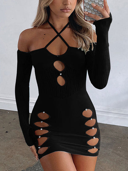 Patchwork Mesh Cutout Long Sleeve Mini Dress