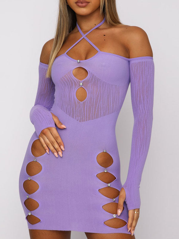 Patchwork Mesh Cutout Long Sleeve Mini Dress