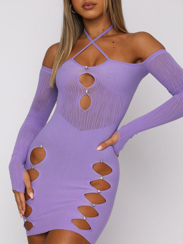 Patchwork Mesh Cutout Long Sleeve Mini Dress