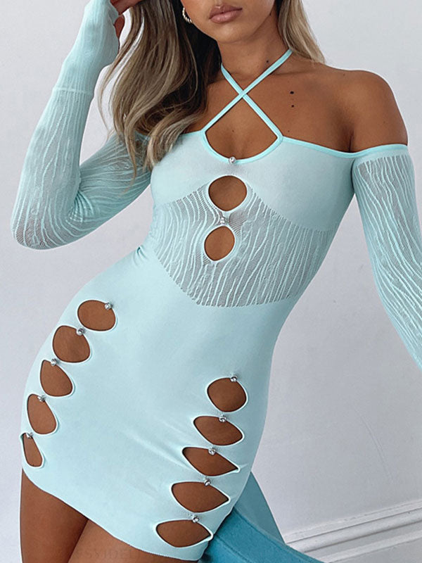 Patchwork Mesh Cutout Long Sleeve Mini Dress