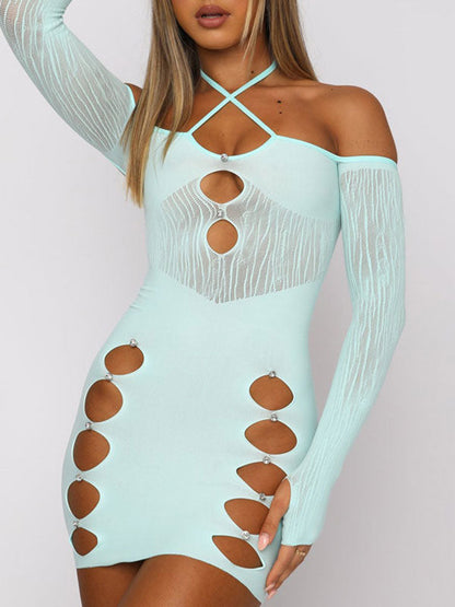 Patchwork Mesh Cutout Long Sleeve Mini Dress