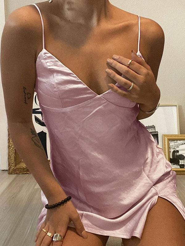 V Neck Split Satin Mini Dress