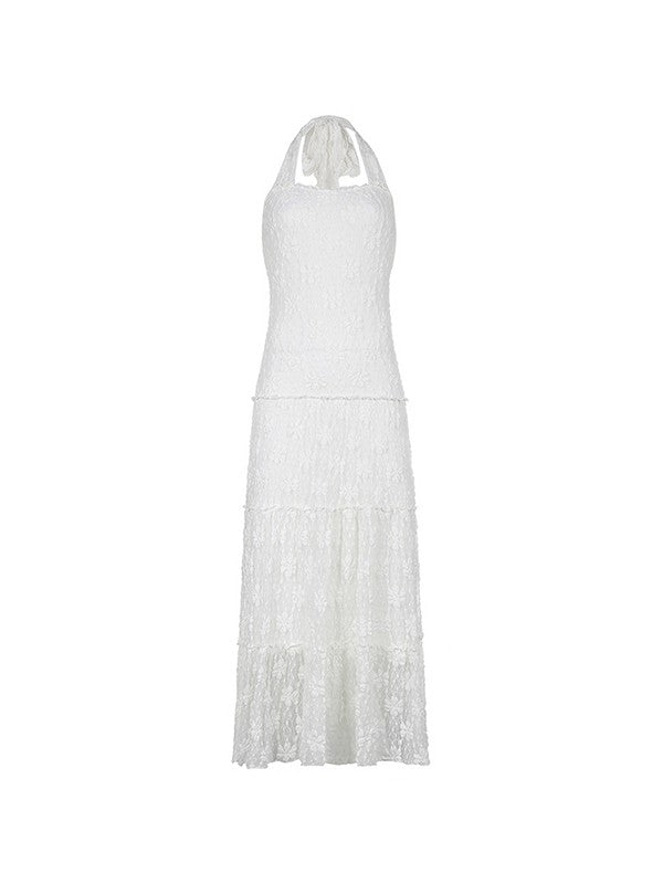 White Floral Lace Halter Maxi Dress