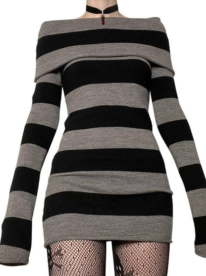 Off Shoulder Long Sleeve Striped Knit Mini Dress