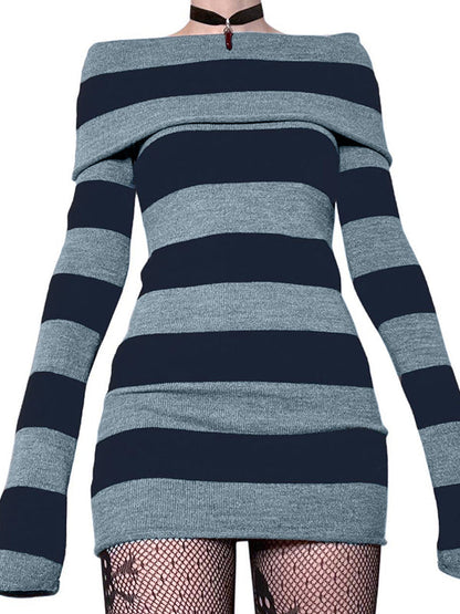 Off Shoulder Long Sleeve Striped Knit Mini Dress