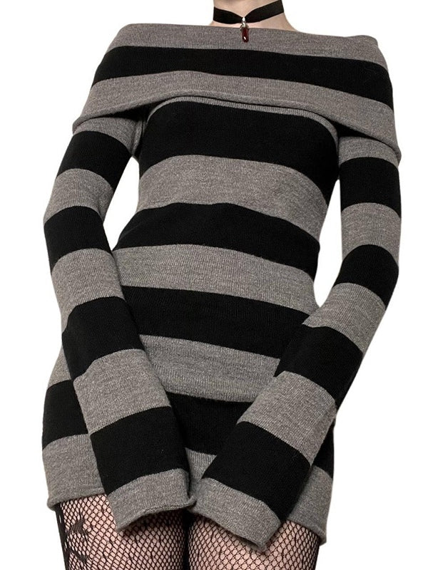 Off Shoulder Long Sleeve Striped Knit Mini Dress