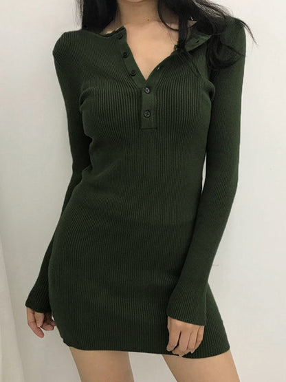 Button Front Ribbed Knit Long Sleeve Mini Dress