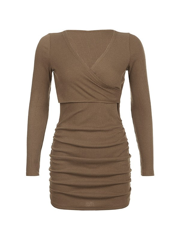 Cross Over Ribbed Long Sleeve Mini Dress