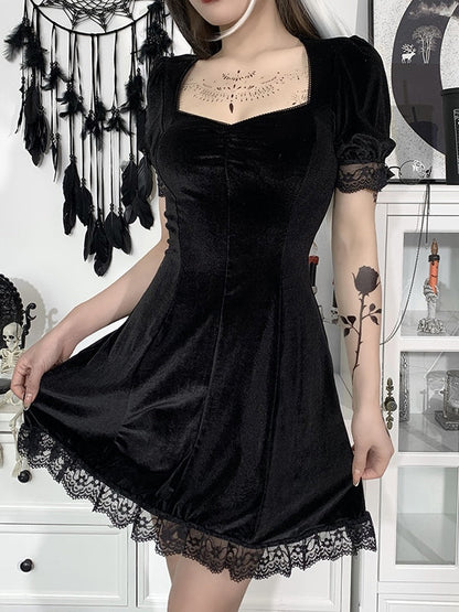 Lace Paneled Puff Sleeve Velvet Mini Dress