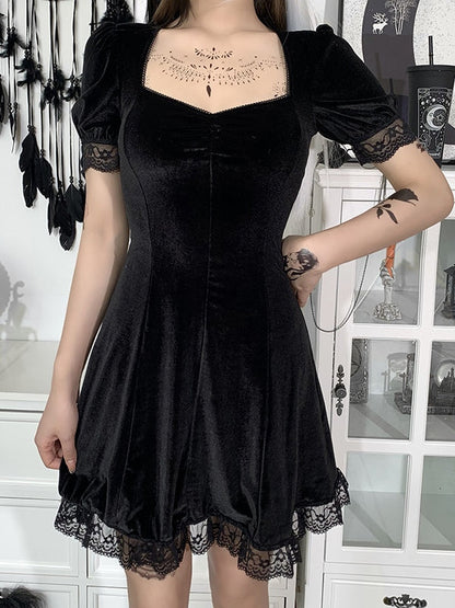 Lace Paneled Puff Sleeve Velvet Mini Dress