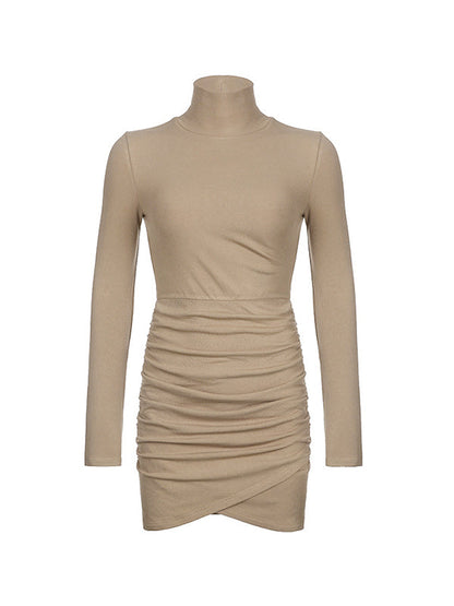 Ruched Mock Neck Long Sleeve Knitted Mini Dress