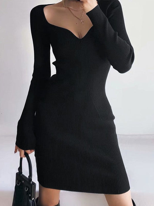 V Neck Ribbed Knit Long Sleeve Mini Dress