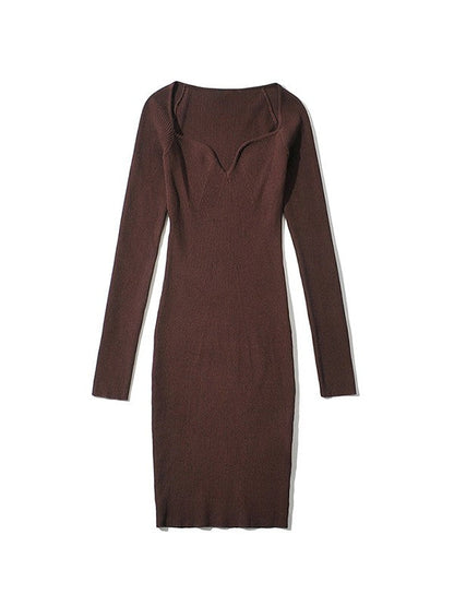 V Neck Ribbed Knit Long Sleeve Mini Dress