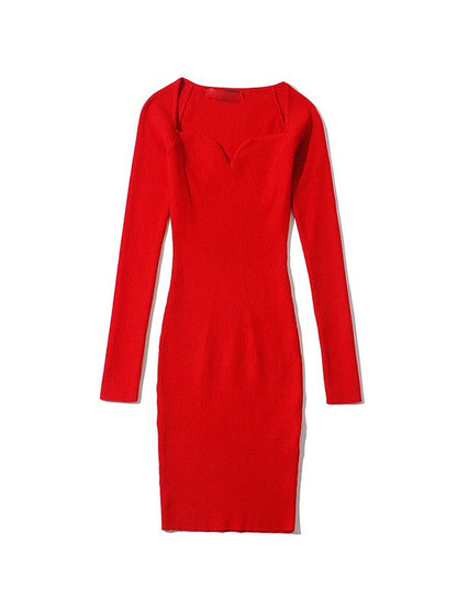 V Neck Ribbed Knit Long Sleeve Mini Dress