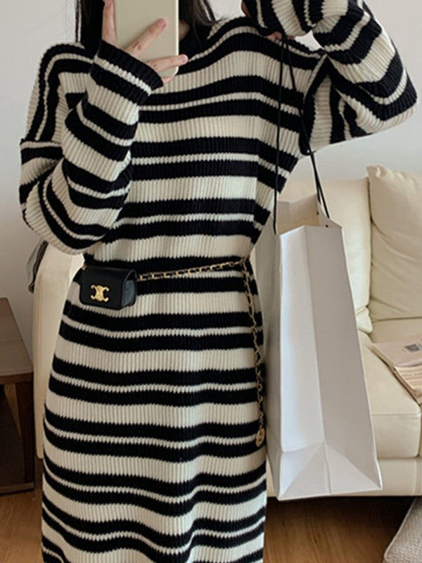 Knitted Stripe Long Sleeve Maxi Dress