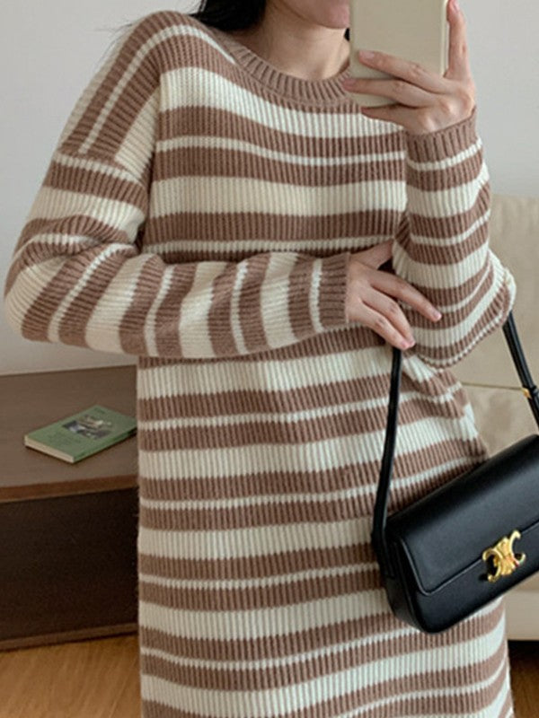 Knitted Stripe Long Sleeve Maxi Dress