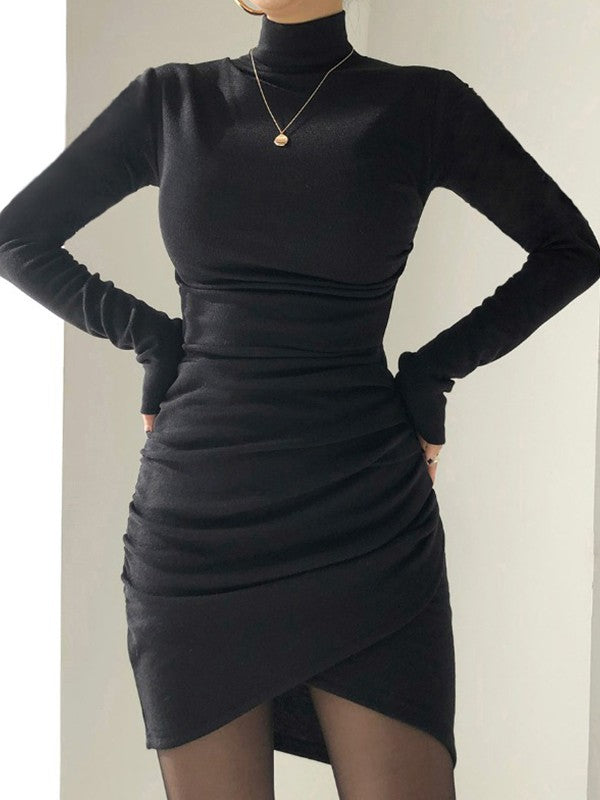 Ruched Cross Over Knitted Long Sleeve Mini Dress