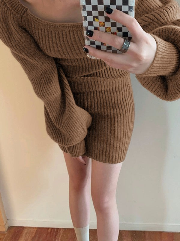 Puff Sleeve Brown Ribbed Knit Mini Dress