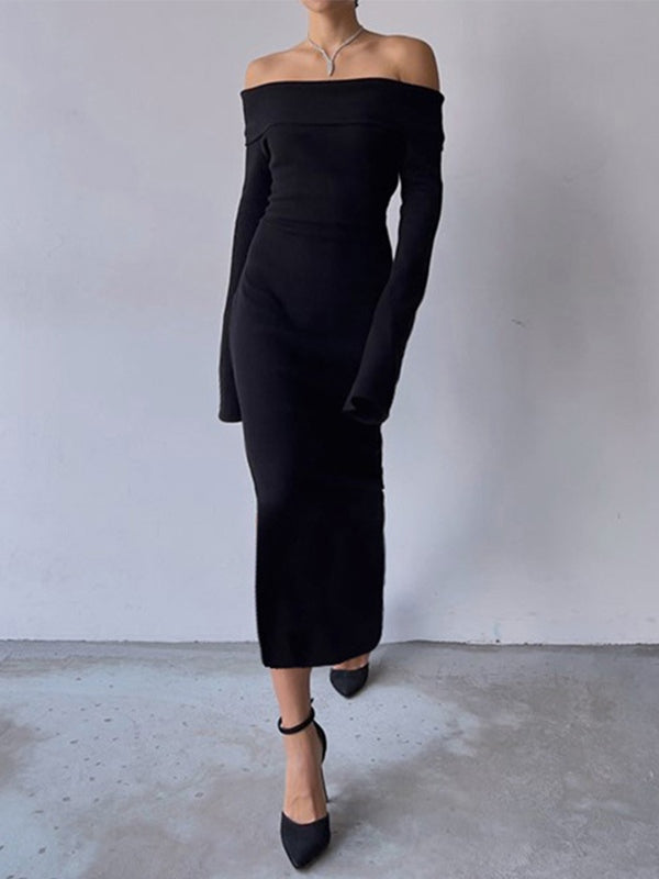 Off Shoulder Black Long Sleeve Knitted Maxi Dress